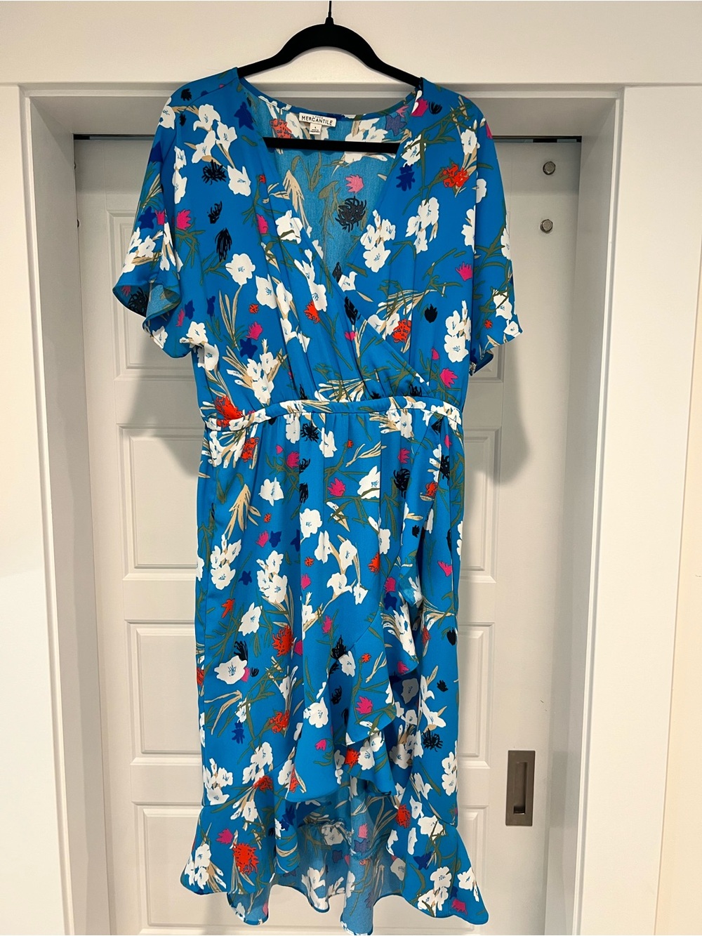J. Crew Blue Floral Wrap Dress with Ruffle Hem